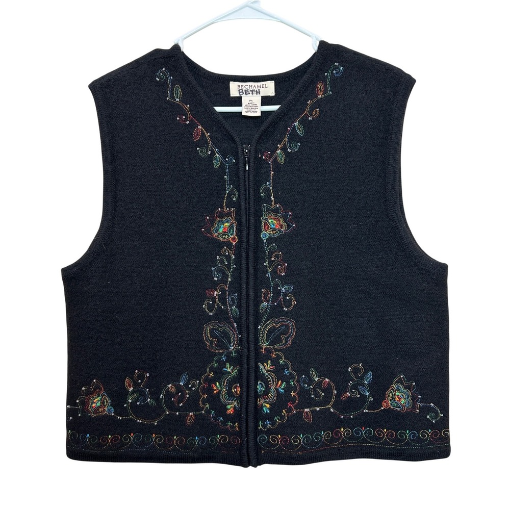 Vintage Bechamel Sweater Vest Womens L PL Black Wool Embroidered Beaded Artsy